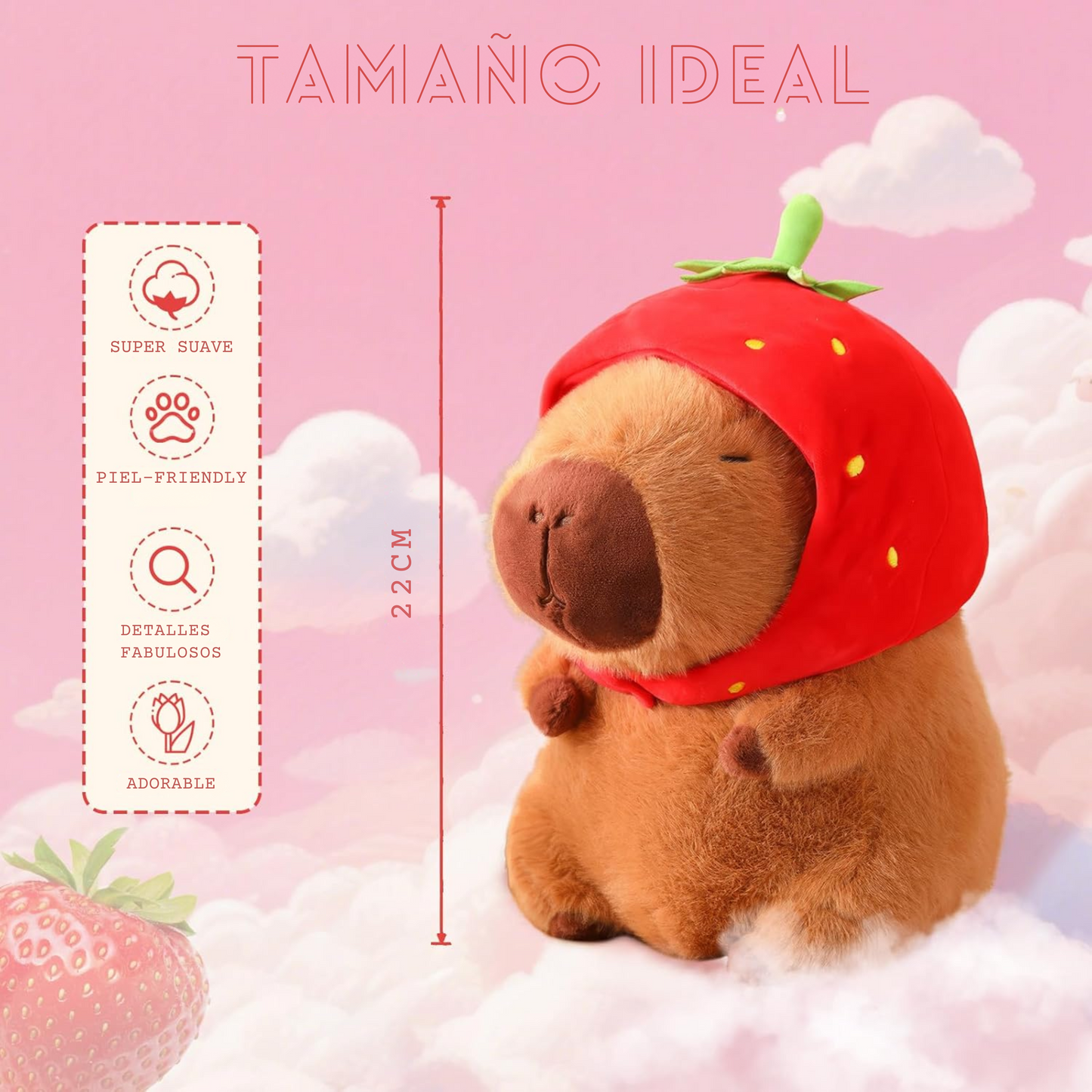 Peluche supersuave de Capibara con gorro de Fresa