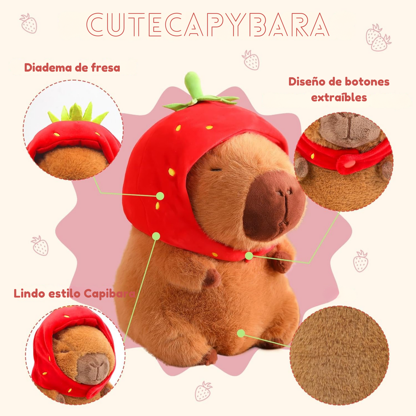Peluche supersuave de Capibara con gorro de Fresa